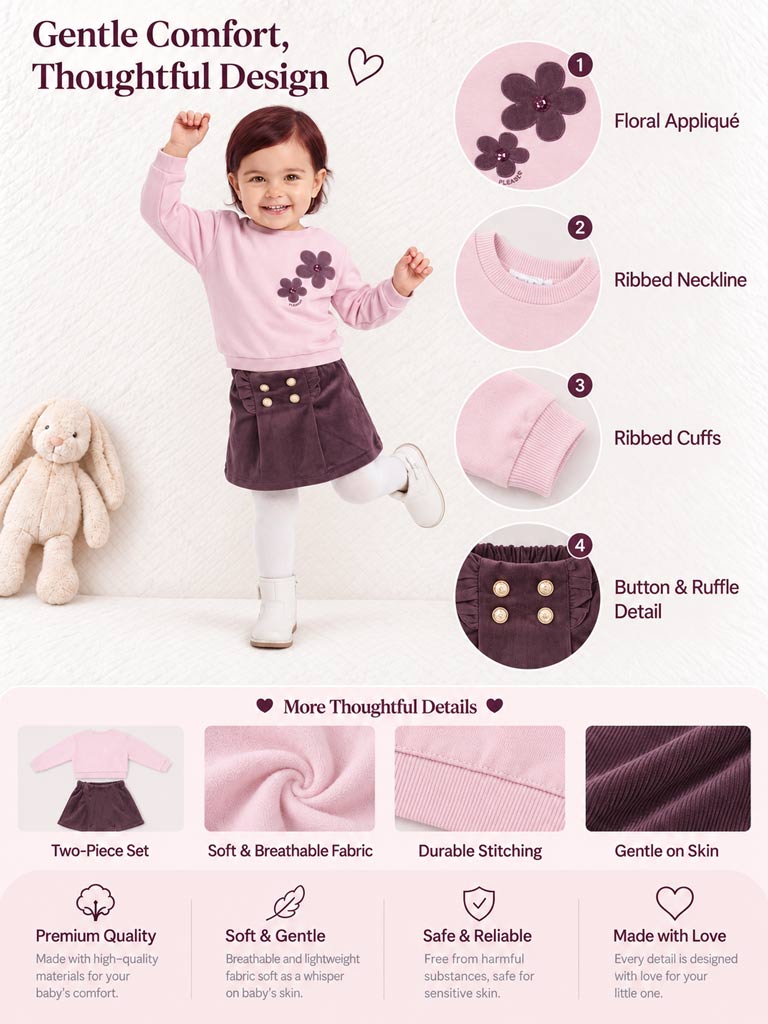 Baby Girl Fiorella Collection 2-Piece Set with Velvet Skirt - Chocolate Brown