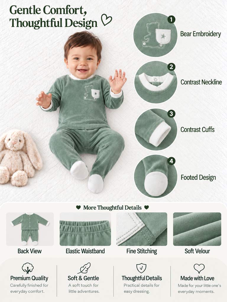 Baby Boy Elio Collection 2-Piece Velour Pyjama Set with Teddy Embroidery - Mint Green