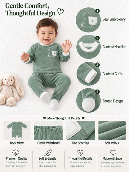 Baby Boy Elio Collection 2-Piece Velour Pyjama Set with Teddy Embroidery - Mint Green