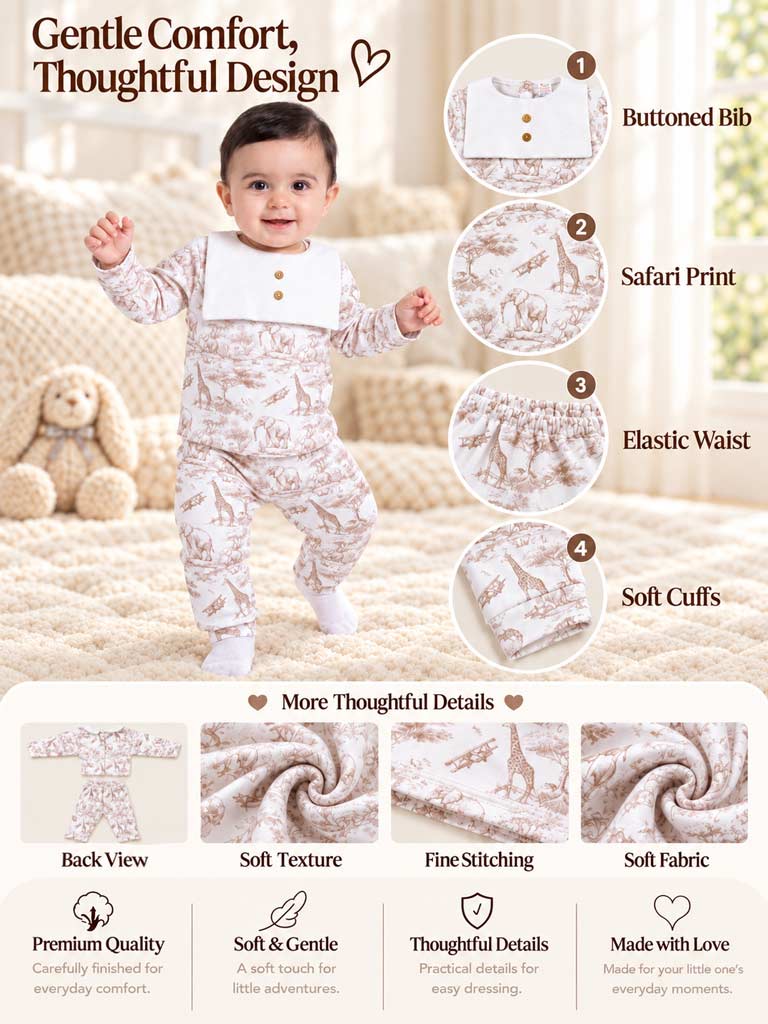 Baby Velour 2-Piece Pyjama Set with Attached Bib and Buttons - Safari Collection - Beige