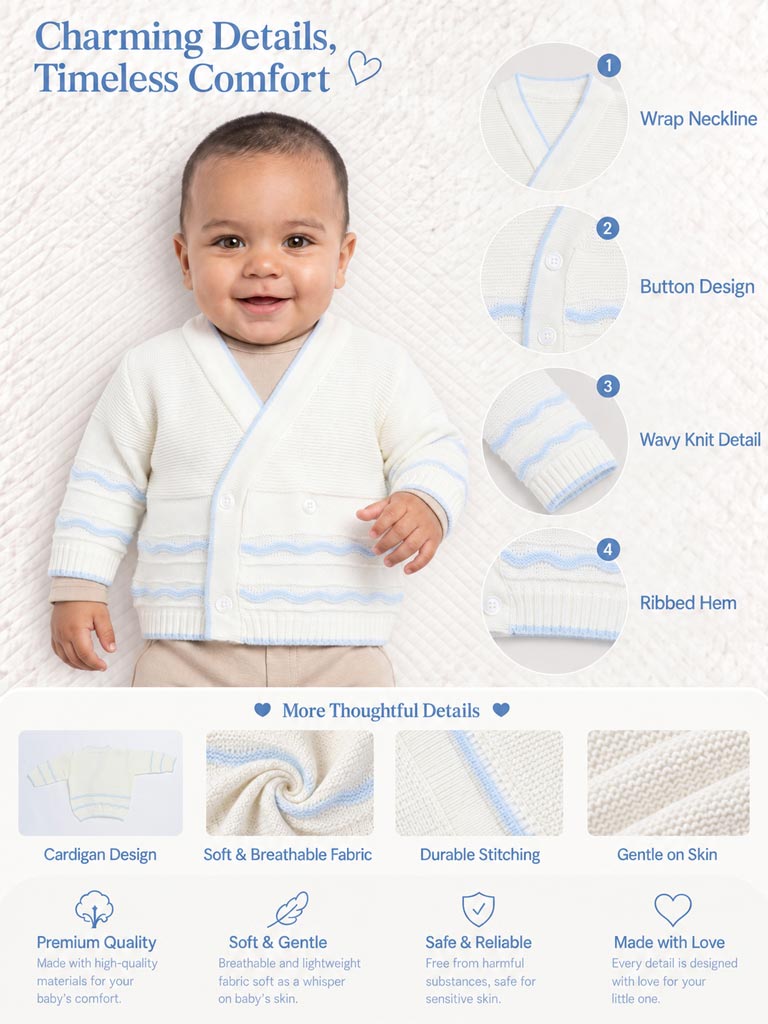 Baby Knitted Cardigan with Wavy Stripe Detail & Gift Box - White & Baby Blue