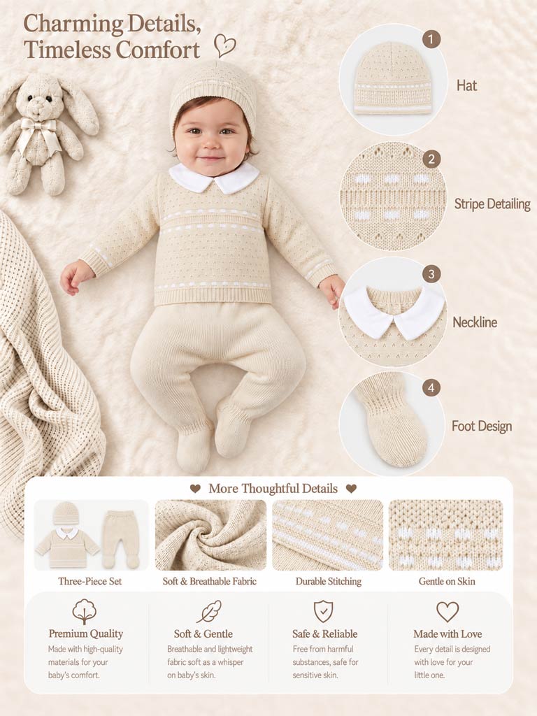 Baby Boy Dotted Textured Knitted 3-piece Gift Box Set - Beige