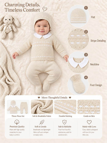 Baby Boy Dotted Textured Knitted 3-piece Gift Box Set - Beige