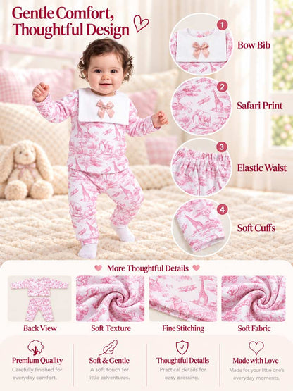 Baby Velour 2-Piece Pyjama Set with Attached Bib and Bow - Safari Collection - Baby Pink