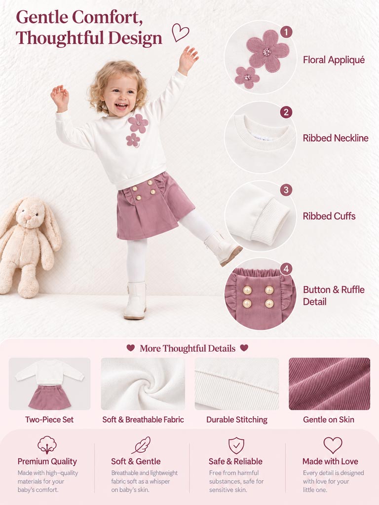 Baby Girl Fiorella Collection 2-Piece Set with Velvet Skirt - Dusty Pink
