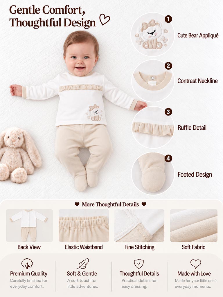 Baby Girl Giulia Collection 2-Piece Pyjama Set with Teddy Embroidery - Beige