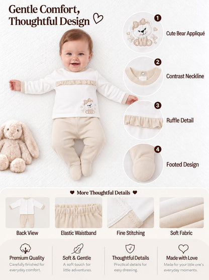 Baby Girl Giulia Collection 2-Piece Pyjama Set with Teddy Embroidery - Beige