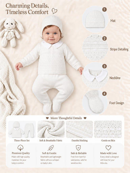 Baby Boy Dotted Textured Knitted 3-piece Gift Box Set - White