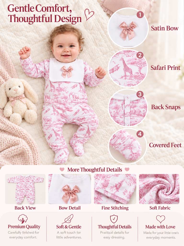 Velour Baby Grow with Attached Small Bib & Bow - Safari Collection - Baby Pink