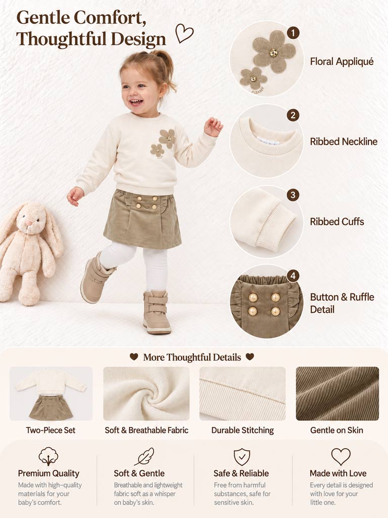 Baby Girl Fiorella Collection 2-Piece Set with Velvet Skirt - Beige
