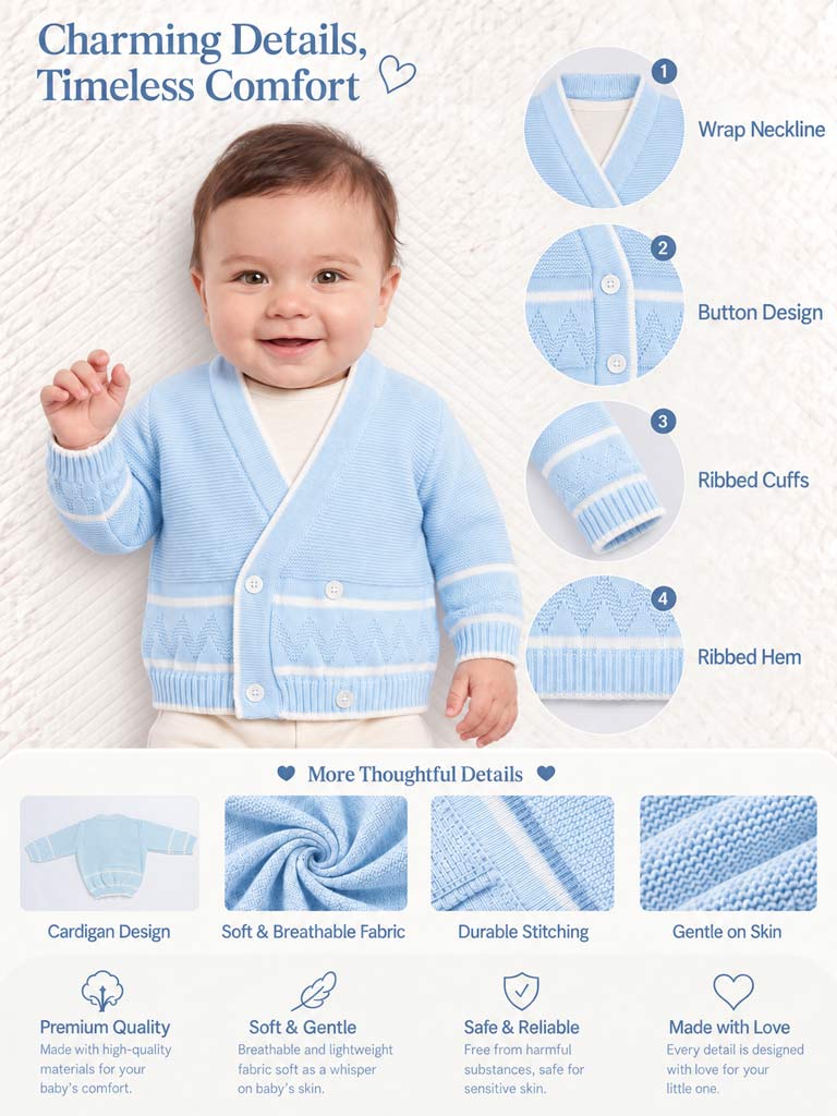 Baby Knitted Cardigan with Zigzag Pattern Detail & Gift Box - Baby Blue & White