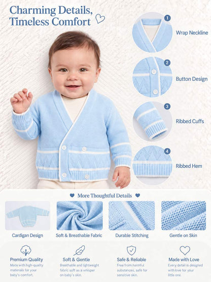 Baby Knitted Cardigan with Zigzag Pattern Detail & Gift Box - Baby Blue & White