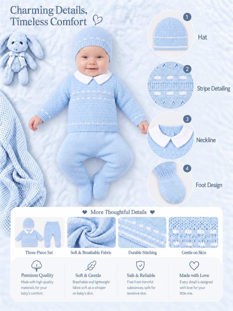 Baby Boy Dotted Textured Knitted 3-piece Gift Box Set - Baby Blue