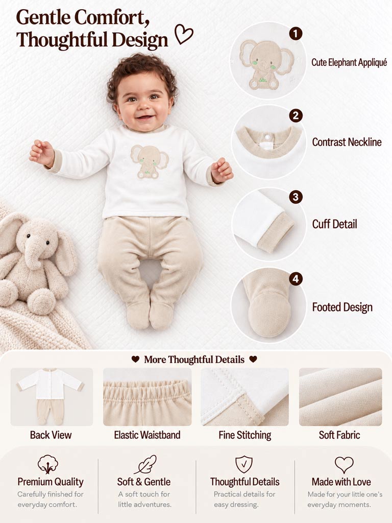 Baby Boy Emiliano Collection 2-Piece Velour Pyjama Set with Elephant Design - Beige