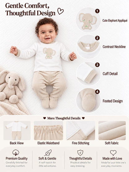 Baby Boy Emiliano Collection 2-Piece Velour Pyjama Set with Elephant Design - Beige