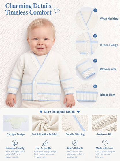 Baby Knitted Cardigan with Zigzag Pattern Detail & Gift Box - White & Baby Blue