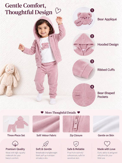 Baby Girl Gia Collection 3-Piece Tracksuit Set with Teddy Appliqué - Dusty Pink