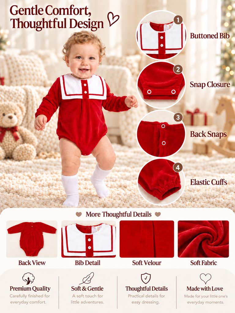 Baby Boy Valentin Collection Velour Romper with Sailor Collar - Red
