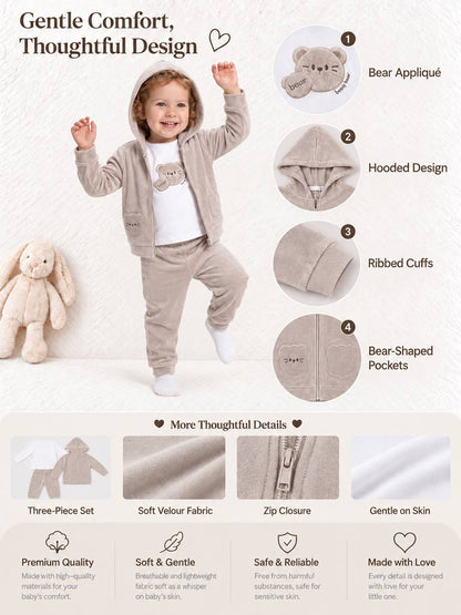 Baby Girl Gia Collection 3-Piece Tracksuit Set with Teddy Appliqué - Beige