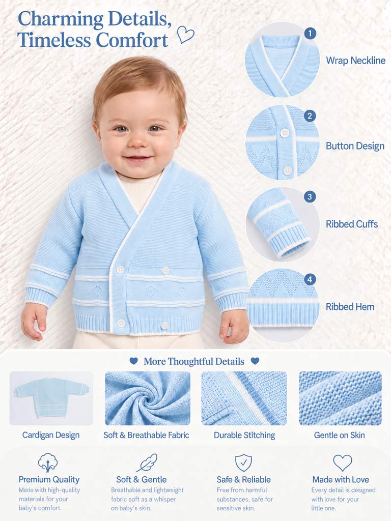 Baby Knitted Cardigan with Diamond Pattern Detail & Gift Box - Baby Blue