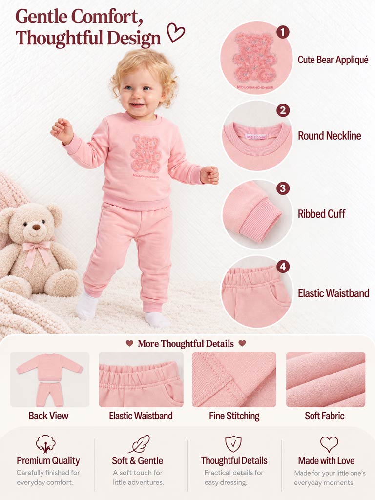 Baby Girl Gemma Collection 2-Piece Tracksuit Set with Teddy Design - Peach
