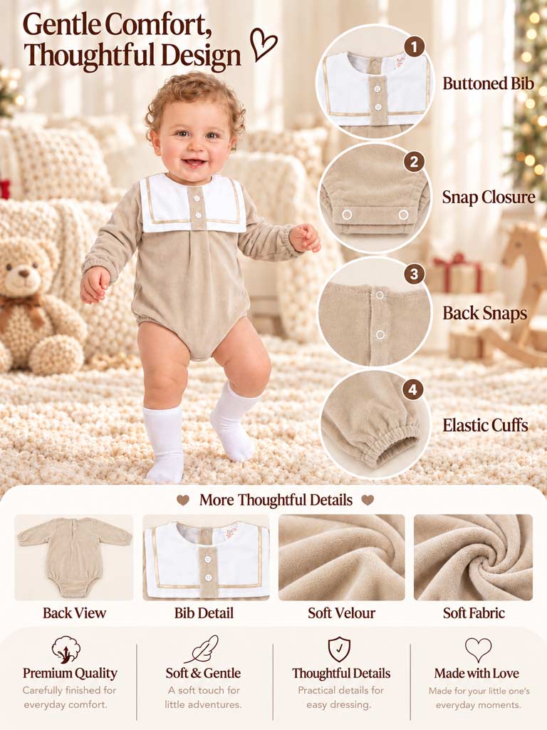 Baby Boy Valentin Collection Velour Romper with Sailor Collar - Beige