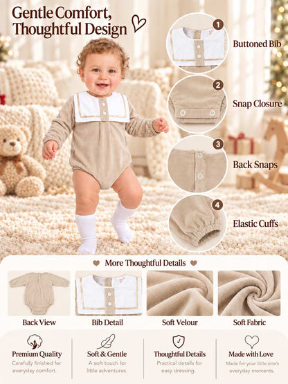 Baby Boy Valentin Collection Velour Romper with Sailor Collar - Beige