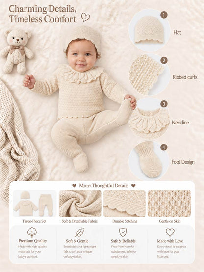 Baby Girl Ruffle Collar Openwork Knitted 3-piece Gift Box Set - Beige