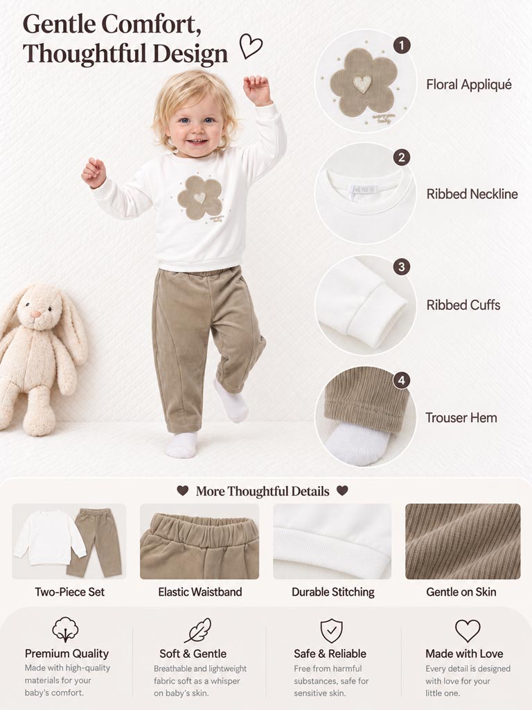 Baby Girl Allegra Collection 2-Piece Tracksuit Set with Flower Design - Beige