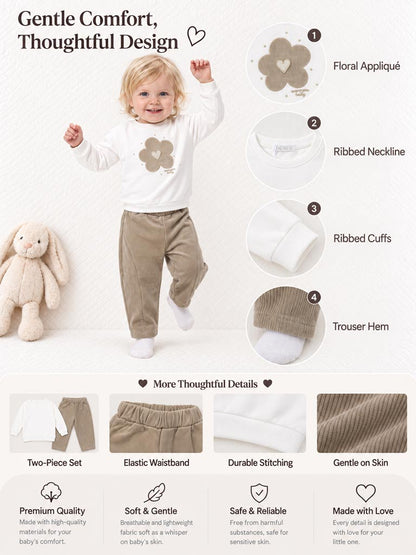 Baby Girl Allegra Collection 2-Piece Tracksuit Set with Flower Design - Beige
