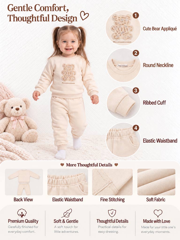 Baby Girl Gemma Collection 2-Piece Tracksuit Set with Teddy Design - Cream