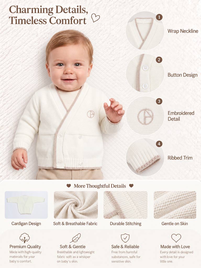 Baby Knitted Cardigan with Embroidered Detail & Gift Box - Ivory & Light Brown
