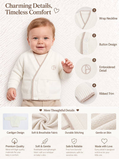 Baby Knitted Cardigan with Embroidered Detail & Gift Box - Ivory & Light Brown