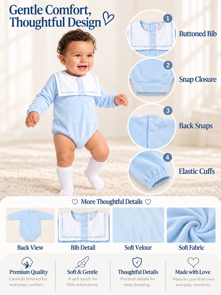 Baby Boy Valentin Collection Velour Romper with Sailor Collar - Baby Blue