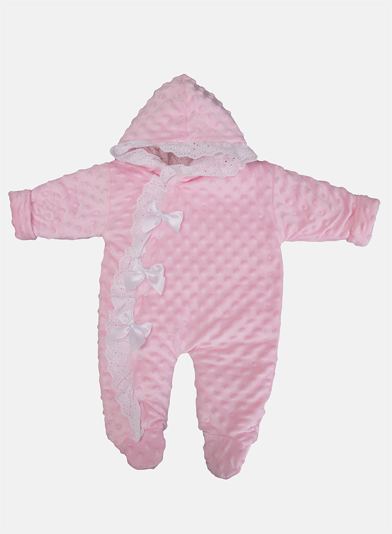 Baby Girl Bubble Hooded Pramsuit with Booties - Baby Pink