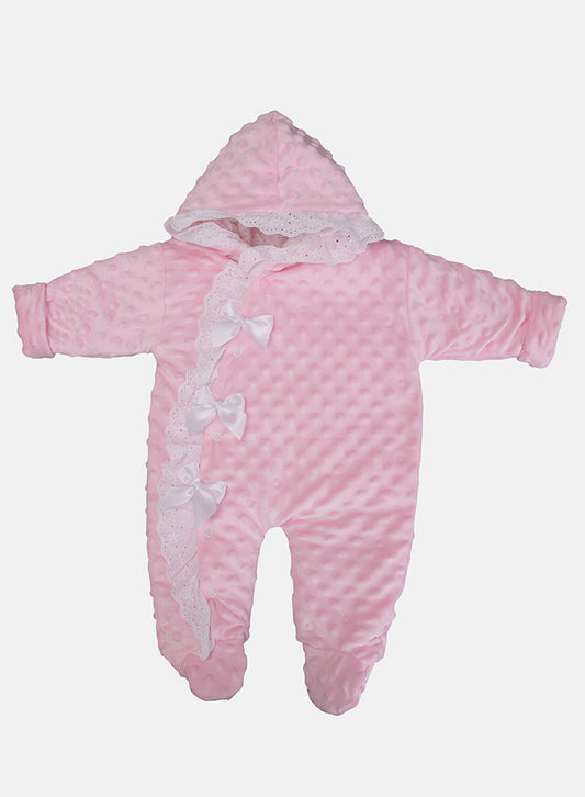 Baby Girl Bubble Hooded Pramsuit with Booties - Baby Pink