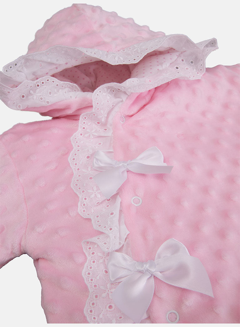 Baby Girl Bubble Hooded Pramsuit with Booties - Baby Pink