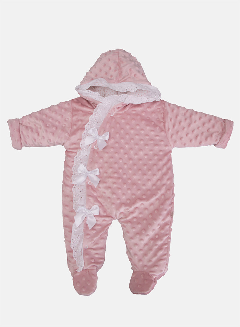 Baby Girl Bubble Hooded Pramsuit with Booties - Dusty Pink