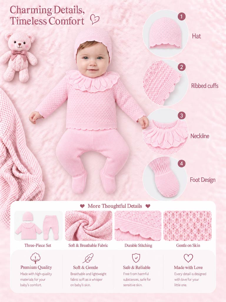 Baby Girl Ruffle Collar Openwork Knitted 3-piece Gift Box Set - Baby Pink