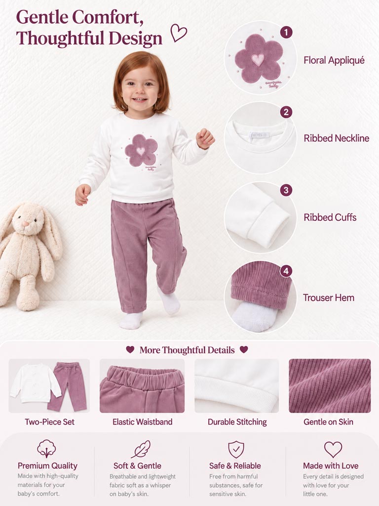Baby Girl Allegra Collection 2-Piece Tracksuit Set with Flower Design - Dusty Pink