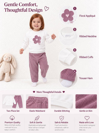 Baby Girl Allegra Collection 2-Piece Tracksuit Set with Flower Design - Dusty Pink
