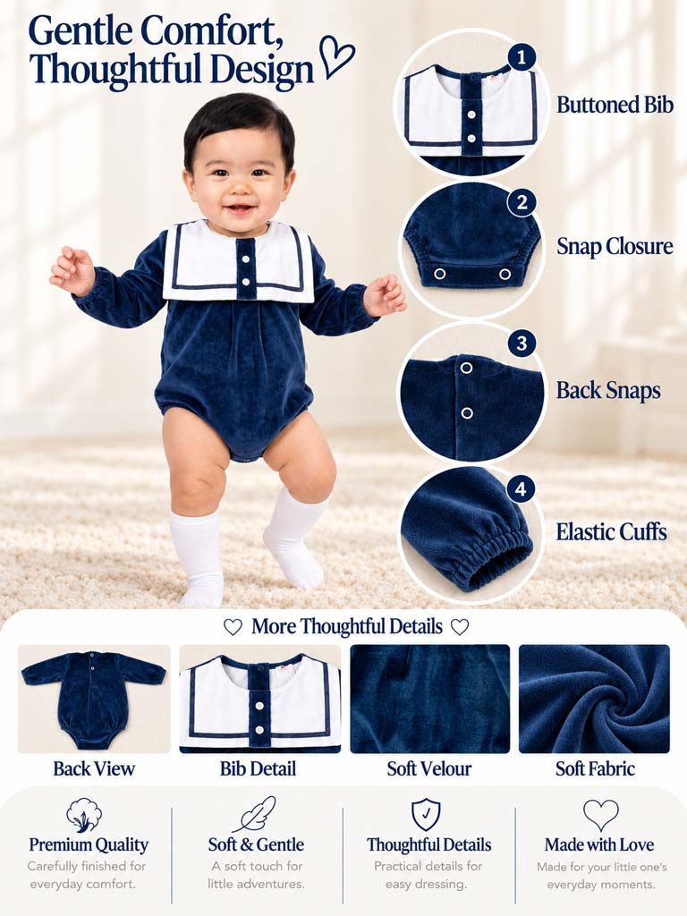 Baby Boy Valentin Collection Velour Romper with Sailor Collar - Navy Blue
