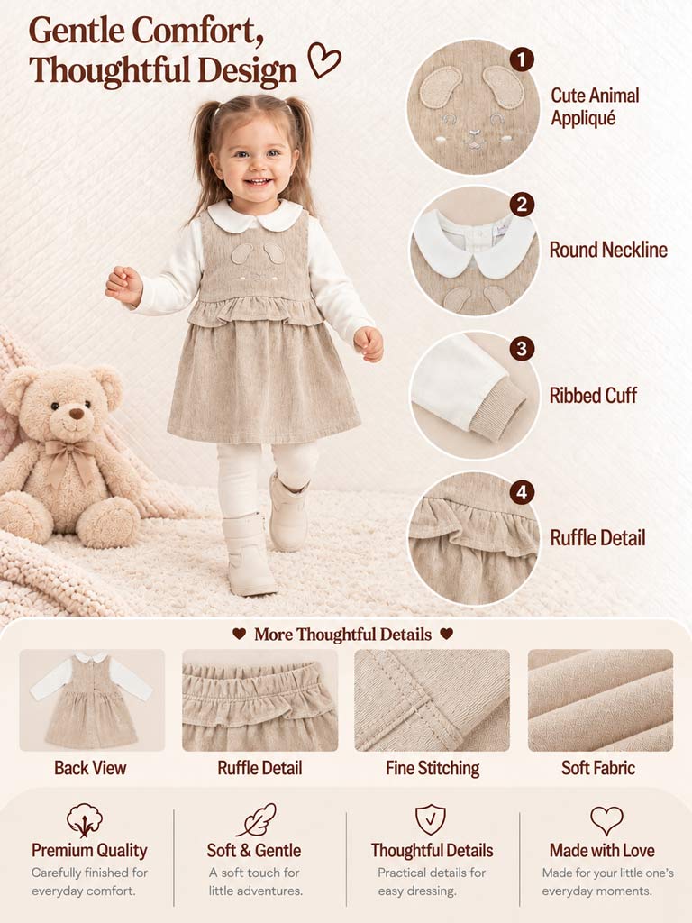 Baby Girl Siena Collection 2-Piece Dress Set with Cute Ears - Beige