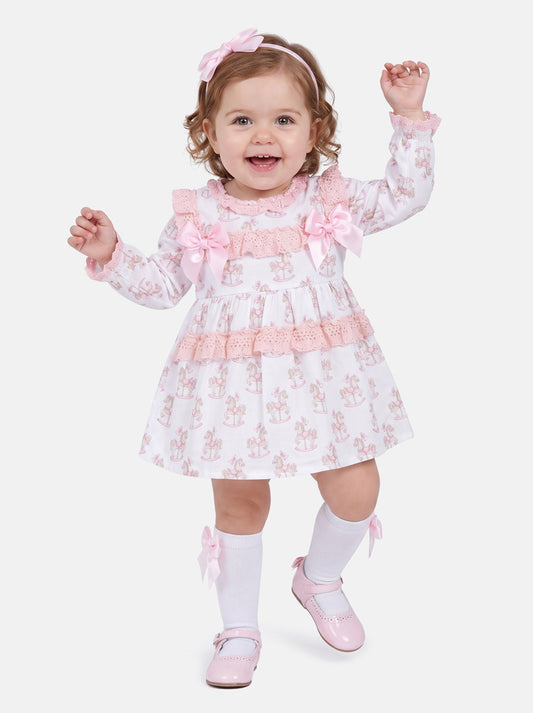Baby Girl Dress with Bows & Lace - Rocking Horse Collection - Baby Pink