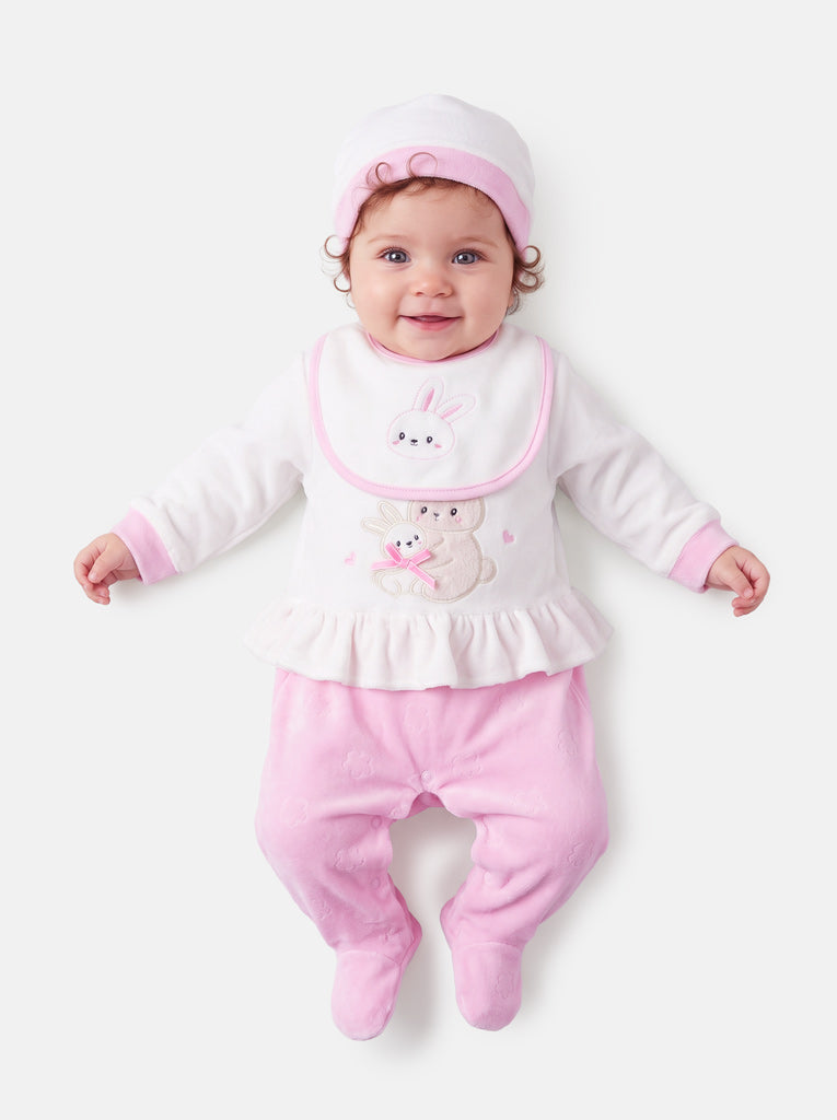Velour Baby Grow for Girls with Bib & Hat Vitoria Collection - Baby Pink