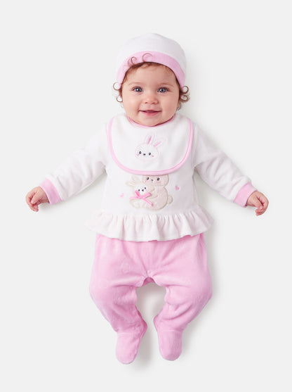 Velour Baby Grow for Girls with Bib & Hat Vitoria Collection - Baby Pink
