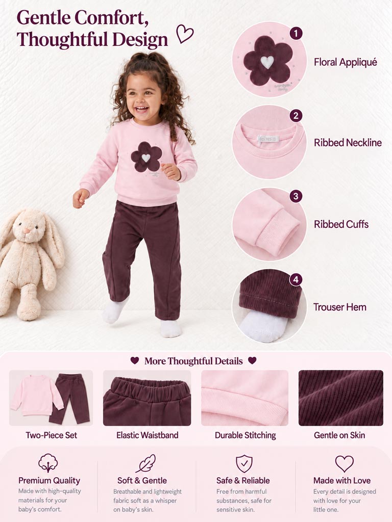 Baby Girl Allegra Collection 2-Piece Tracksuit Set with Flower Design - Chocolate Brown