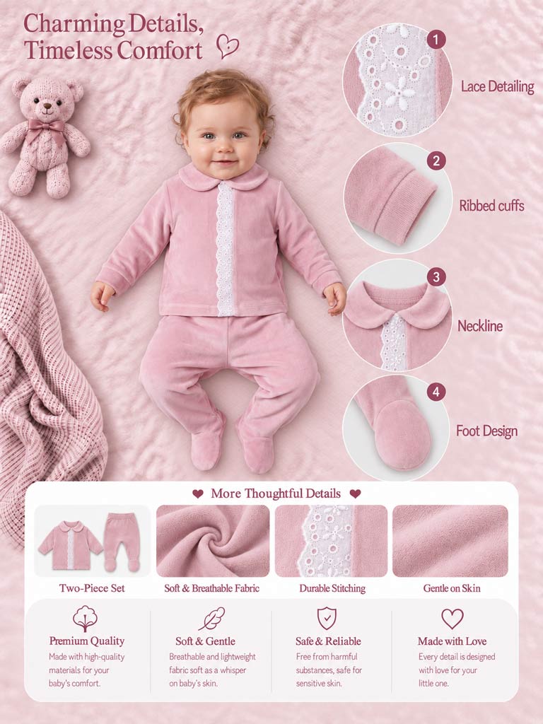 Baby Girl 2-piece Velour Pyjama Set with Lace Insert - Light Dusty Pink