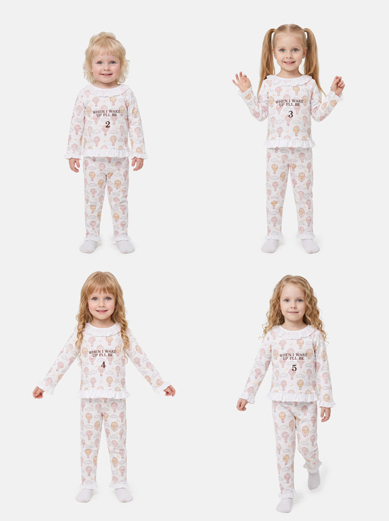 "When I Wake Up" Embroidered Girl 2-Piece Pyjama Set - Hot Air Balloon Collection - Beige