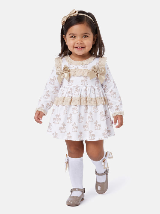 Baby Girl Dress with Bows & Lace - Rocking Horse Collection - Beige